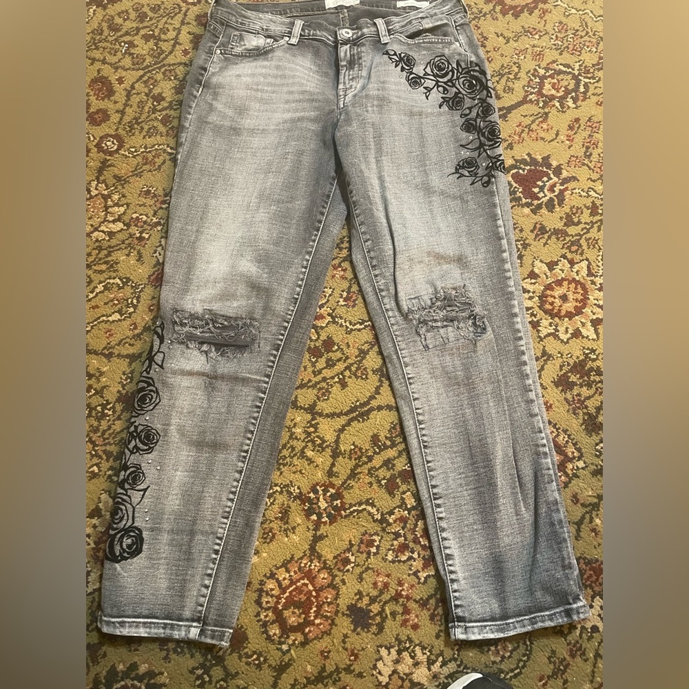 Jessica Simpson Mika Best Friend Black Velvet Flower Gray Jeans sz 29